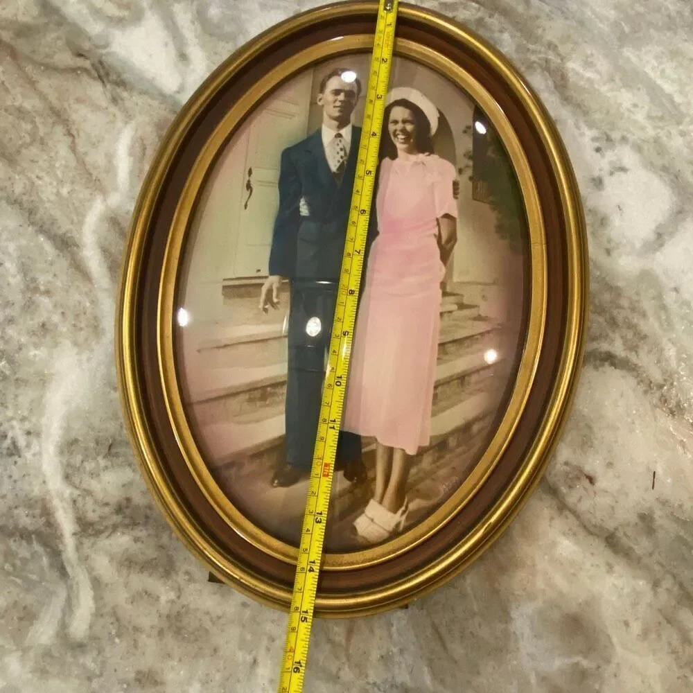 Antique Colorized Photo Wood Oval Gold Frame Convex Bubble Glass Wedding Formal